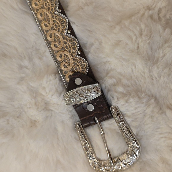 Angel Ranch Western Silver Rhinestone Lace Scalloped Feminine Belt Womens S - Picture 5 of 13